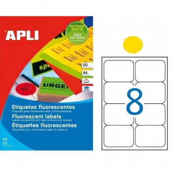 ETIQUETAS ADHESIVAS MULTIFUNCIÓN FLUOR 99,1X67,7 AMARILLO 20 HOJAS A4 APLI