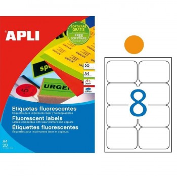 ETIQUETAS ADHESIVAS MULTIFUNCIÓN FLUOR 99,1X67,7 NARANJA 20 HOJAS A4 APLI