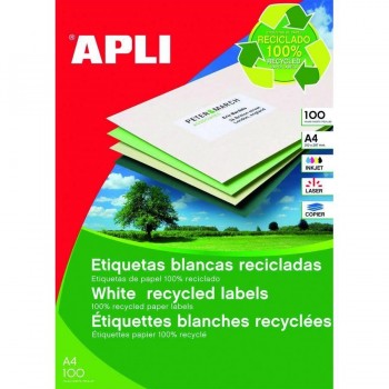 ETIQUETAS ADHESIVAS MULTIFUNCIÓN RECICLADAS A4 210 X 297 MM. 100 HOJAS APLI