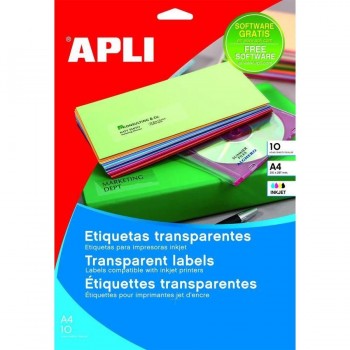 Etiquetas adhesivas poliéster transparentes brillantes 210x297 mm. cantos rectos 10 hojas A4 Apli