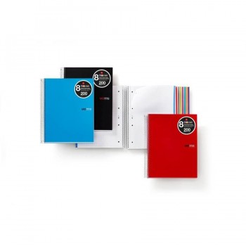 CUADERNO ESPIRAL A5 200 HOJAS 70GR. CUADRÍCULA 5X5 MICROPERFORADAS TAPA PP ROJO 8 BANDAS COLOR NOTEBOOK 8 MR