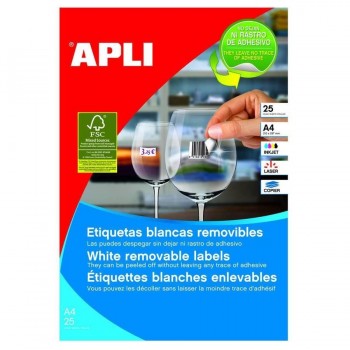 ETIQUETAS ADHESIVAS MULTIFUNCIÓN A4 25,4X10 MM. PAQUETE DE 25 HOJAS  CANTOS ROMOS ADHESIVO REMOVIBLE APLI