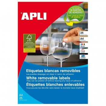 ETIQUETAS ADHESIVAS MULTIFUNCIÓN A4 35,6X169 MM. PAQUETE DE 25 HOJAS CANTOS ROMOS ADHESIVO REMOVIBLE APLI