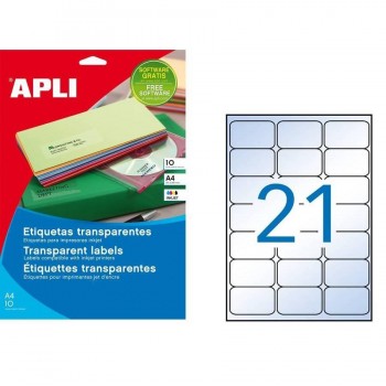 Etiquetas adhesivas poliéster transparentes brillantes 63,5 x 38,1 cantos romos 10 hojas A4 Apli